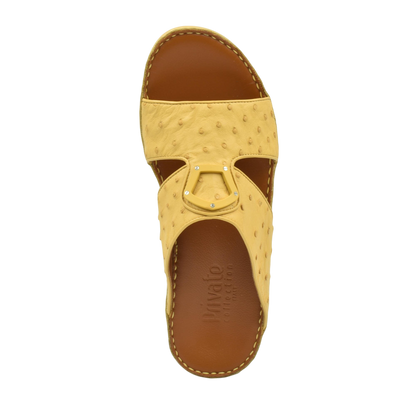 Top view of yellow ostrich leather sandals with brown footbed from Private collection
