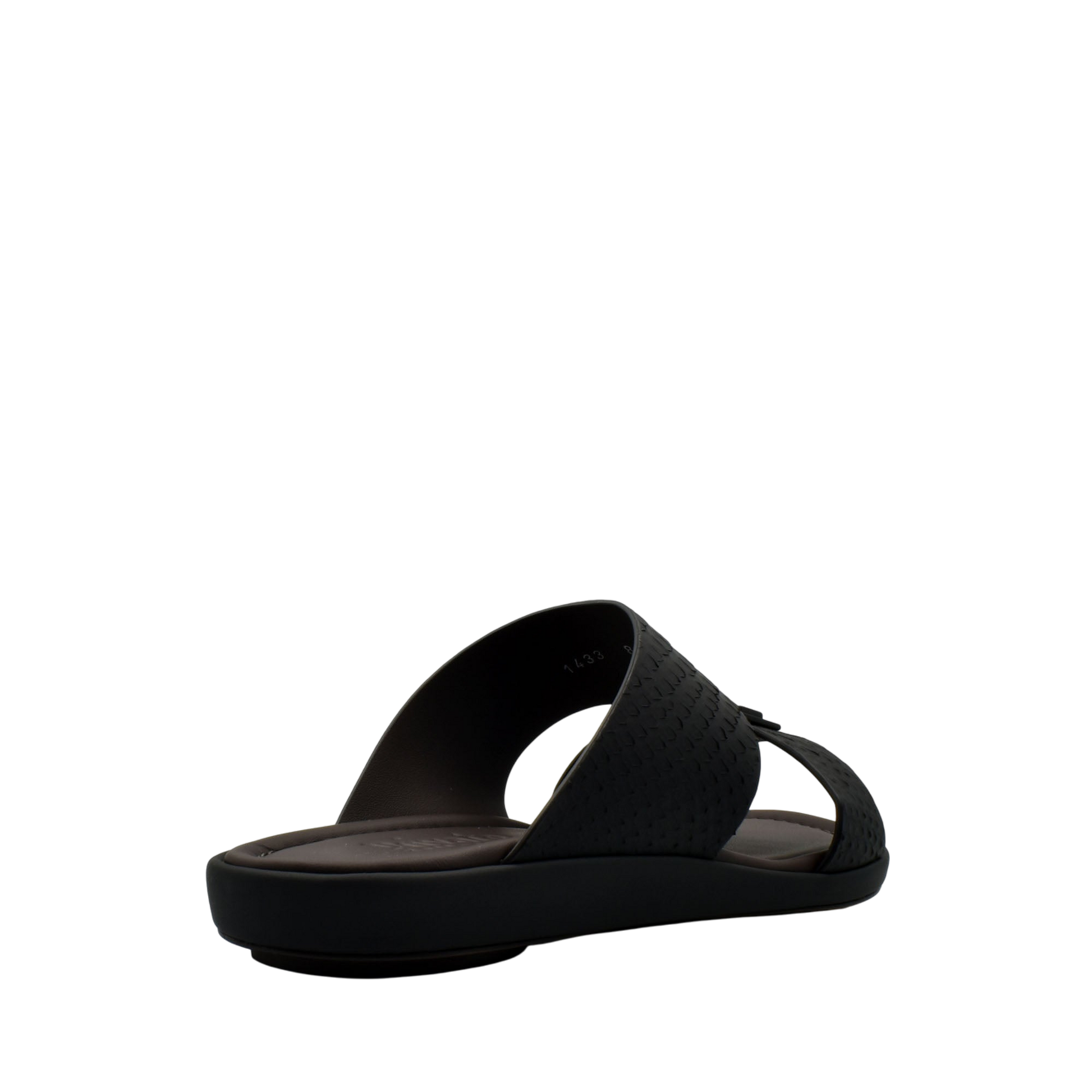 Black slip-on sandal from private collection showcasing sleek python skin footwear design