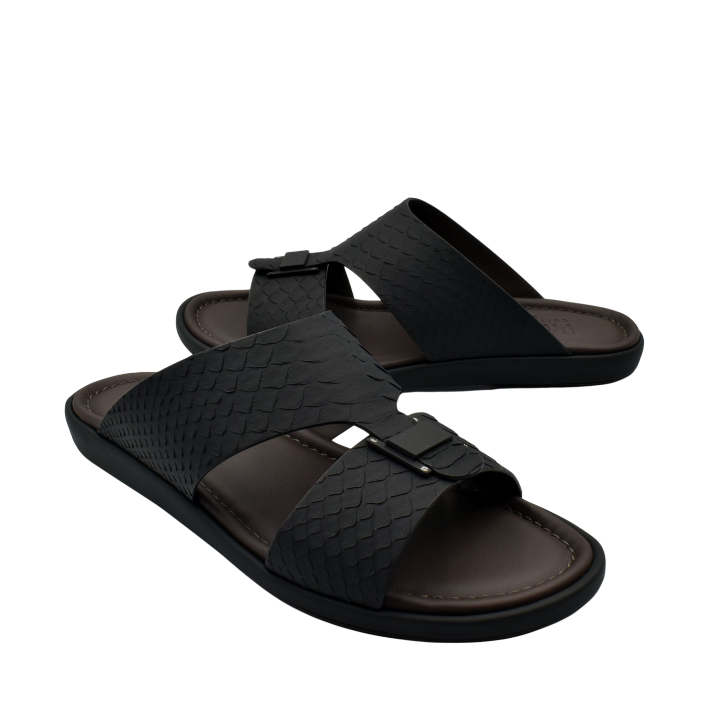 Black python skin footwear slides with textured straps and comfortable cushioned sole for casual wear