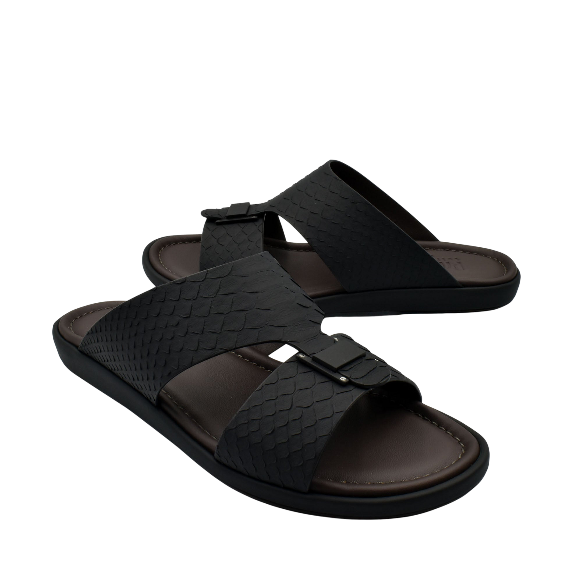 Black python skin footwear slides with textured straps and comfortable cushioned sole for casual wear