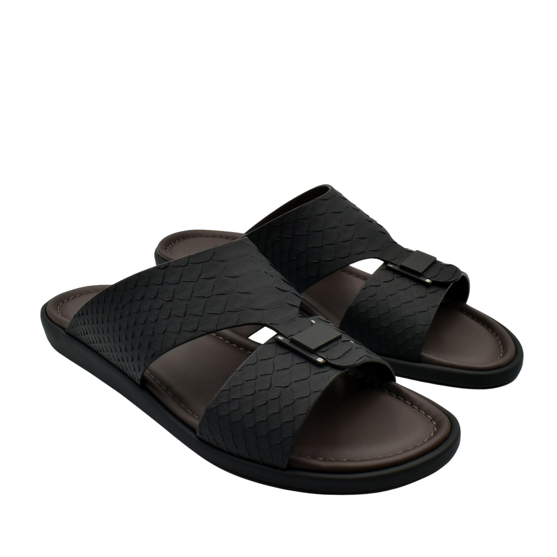 Black open-toe slides with textured python skin footwear straps and cushioned brown footbed