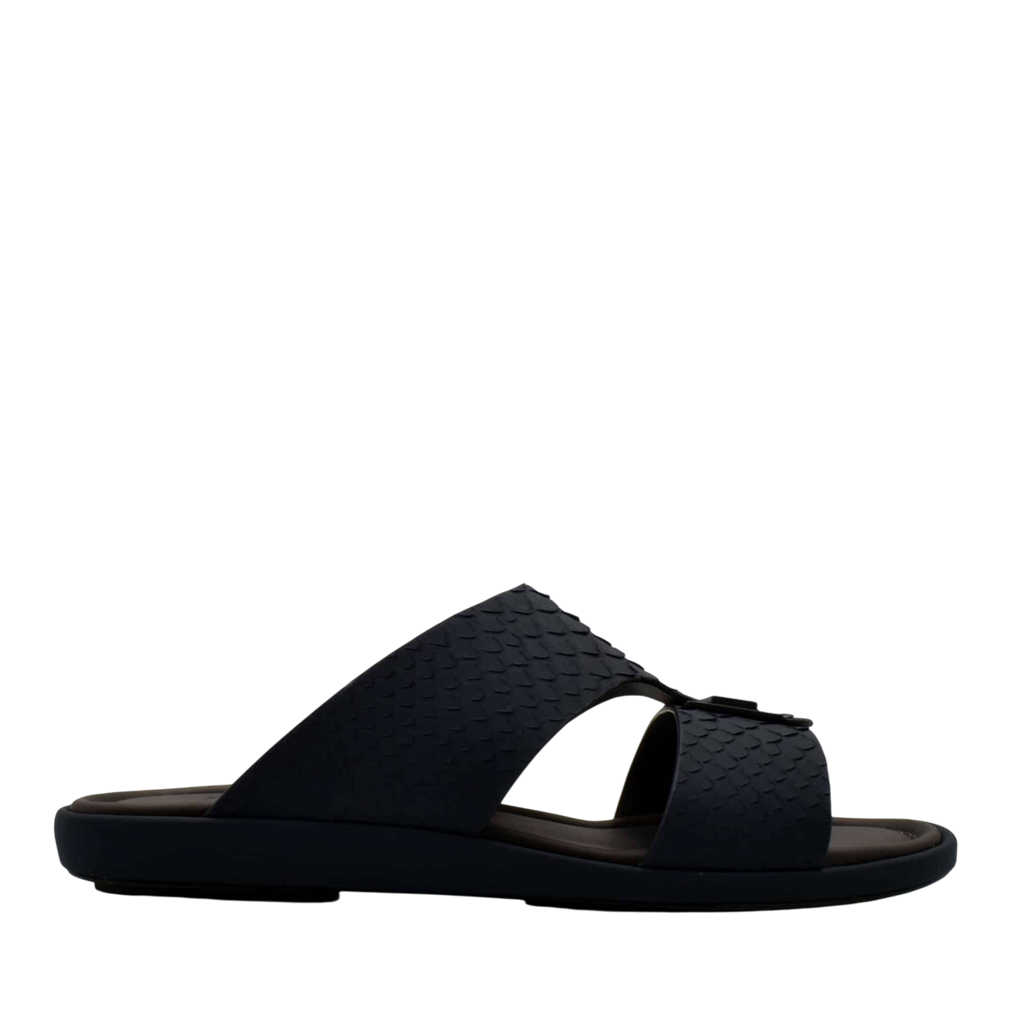 Black slide sandals featuring python skin footwear design with double straps and cushioned sole