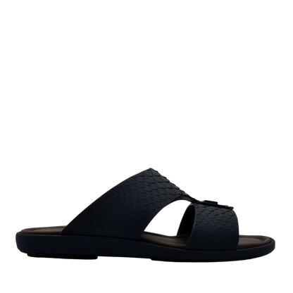 Black slide sandals featuring python skin footwear design with double straps and cushioned sole