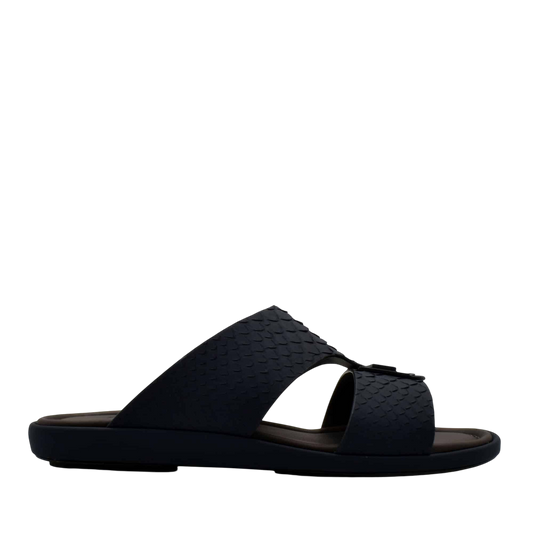 Black slide sandals featuring python skin footwear design with double straps and cushioned sole