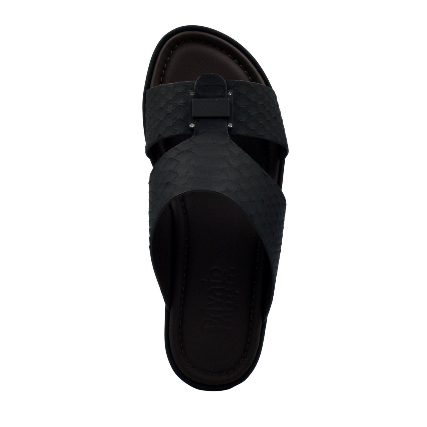 Black slip-on sandal featuring python skin footwear design with textured straps and open toe