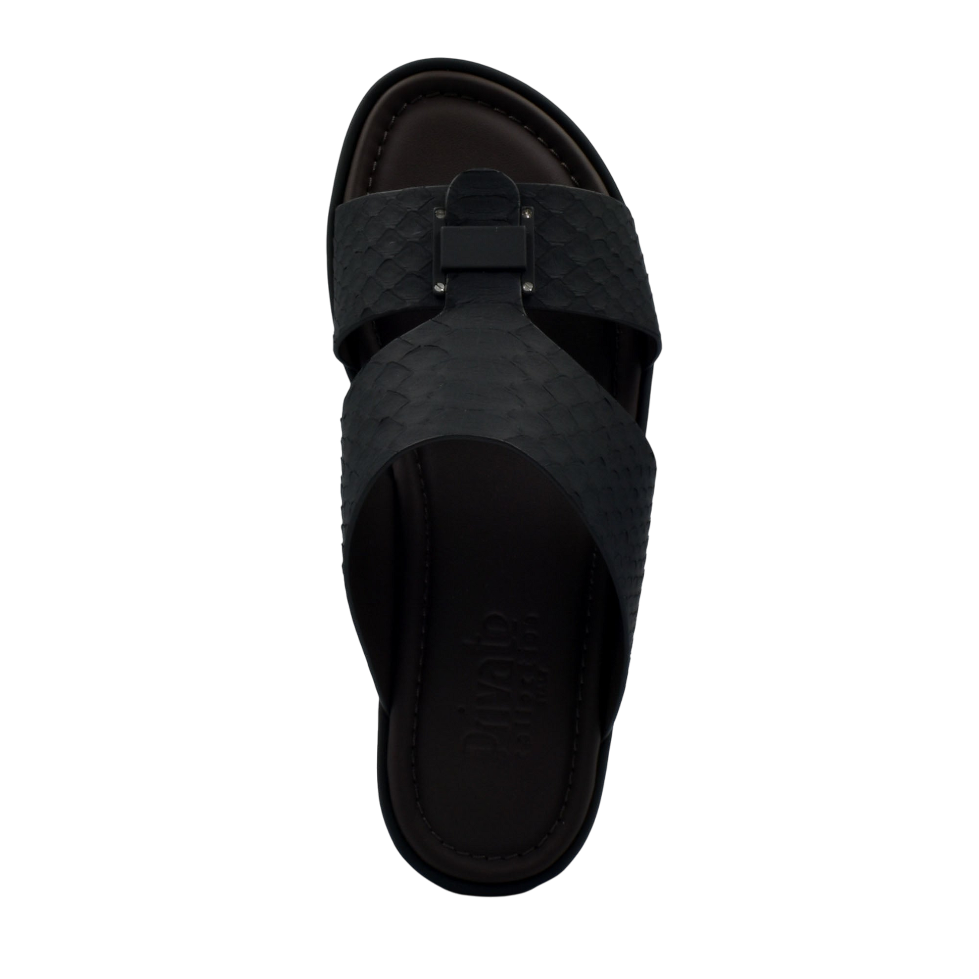 Black slip-on sandal featuring python skin footwear design with textured straps and open toe