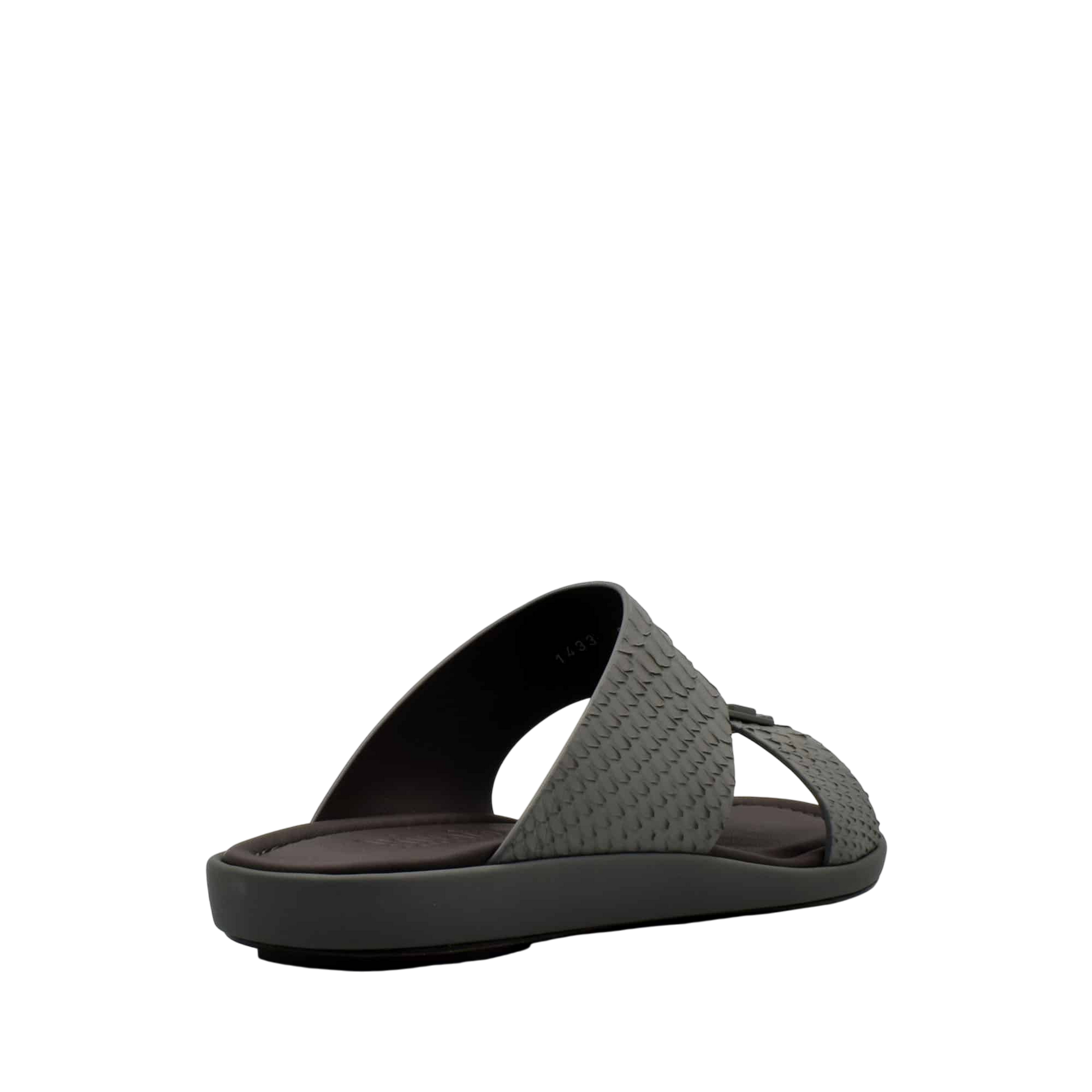 Gray slide sandals with textured python skin footwear design and cushioned sole from private collection