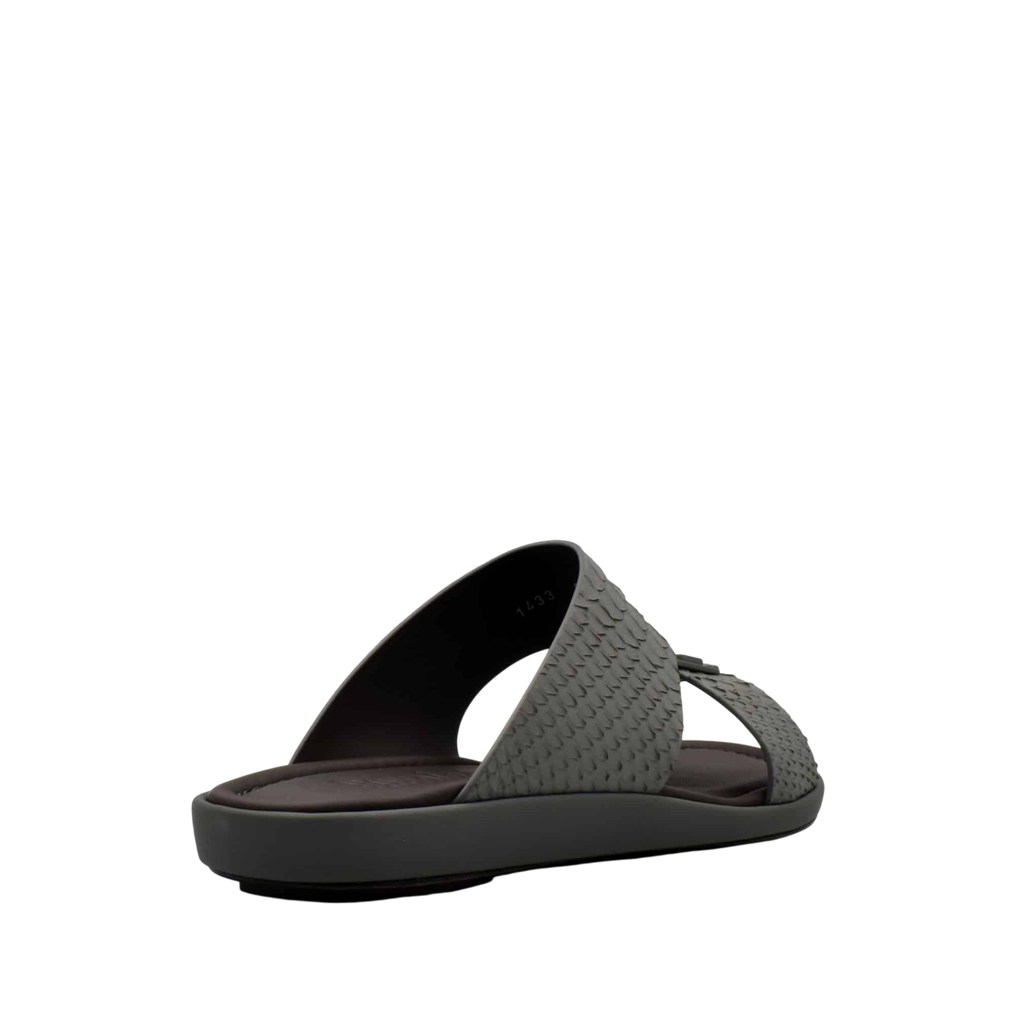 Gray slide sandals with textured python skin footwear design and cushioned sole from private collection
