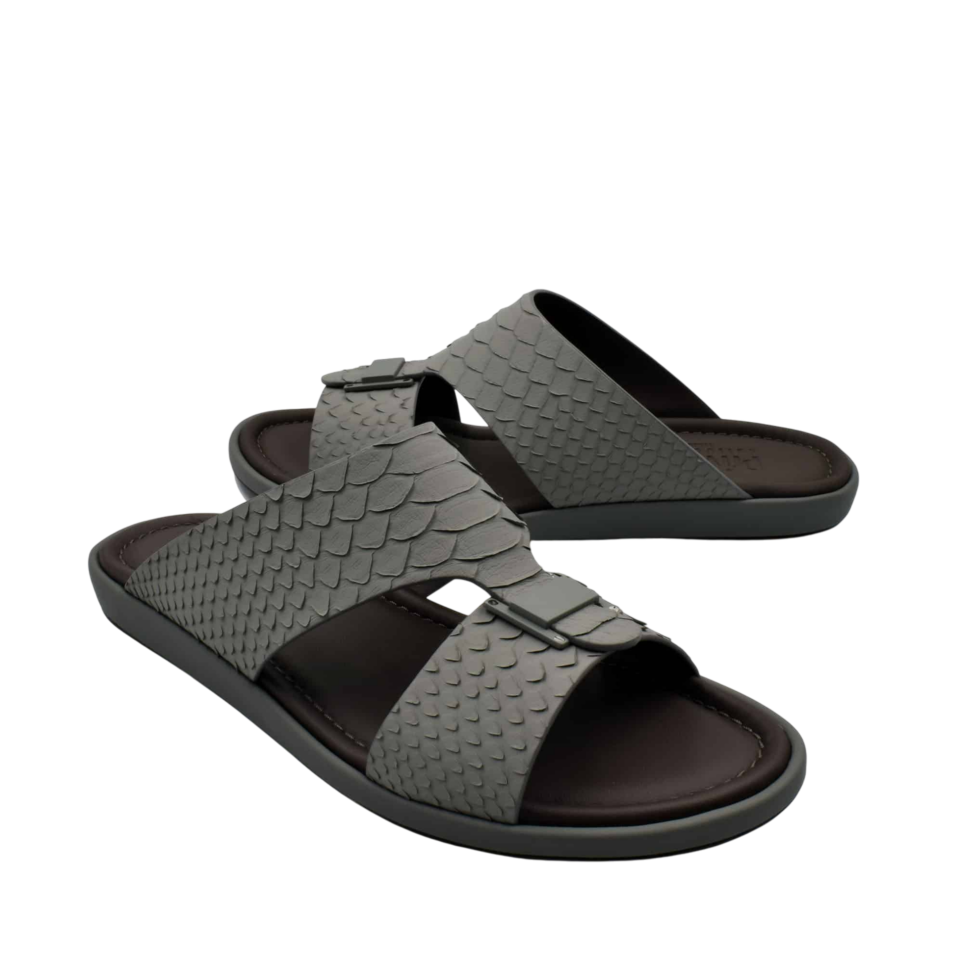 Gray open-toe sandals with textured python skin footwear design and adjustable straps