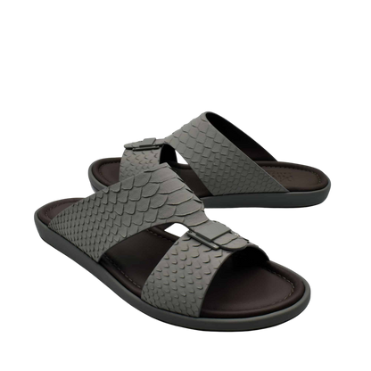 Gray open-toe sandals with textured python skin footwear design and adjustable straps