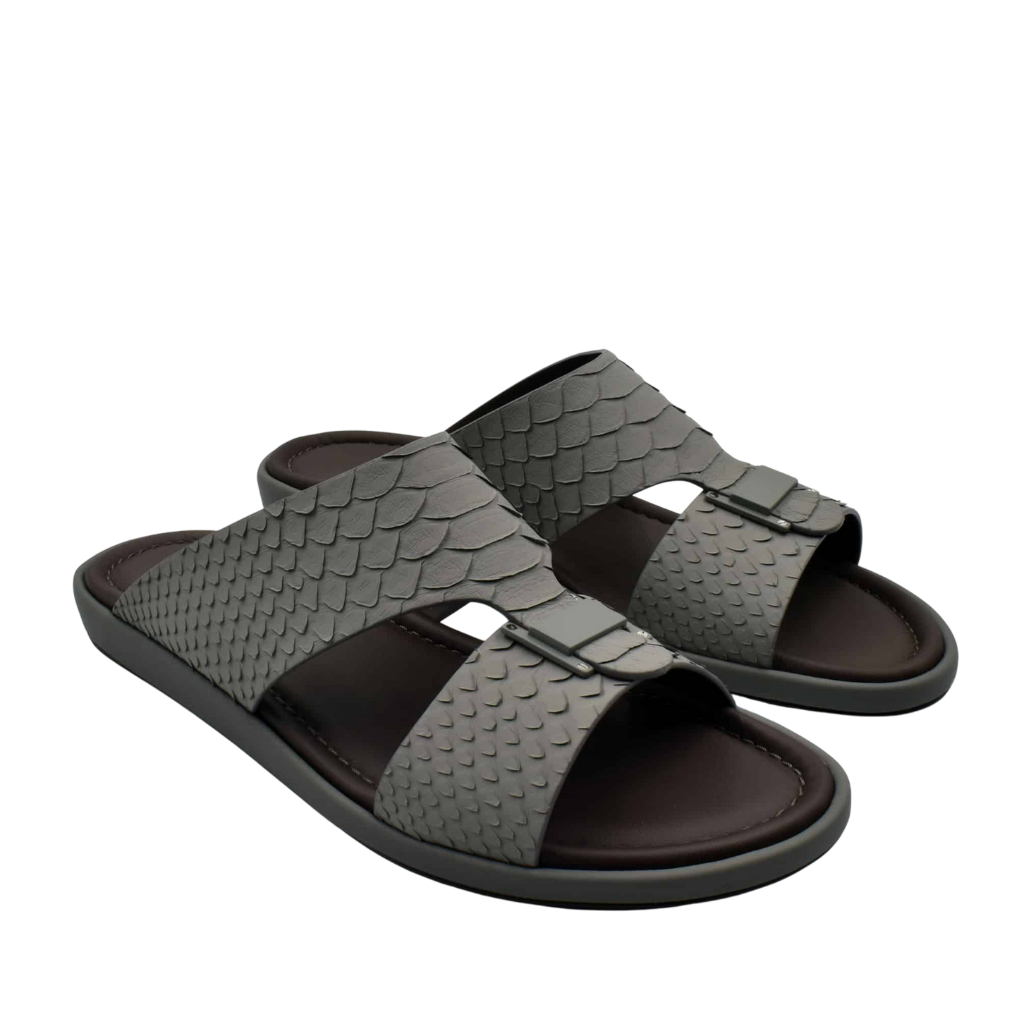 Gray python skin footwear slide sandals with textured straps and cushioned soles for comfort