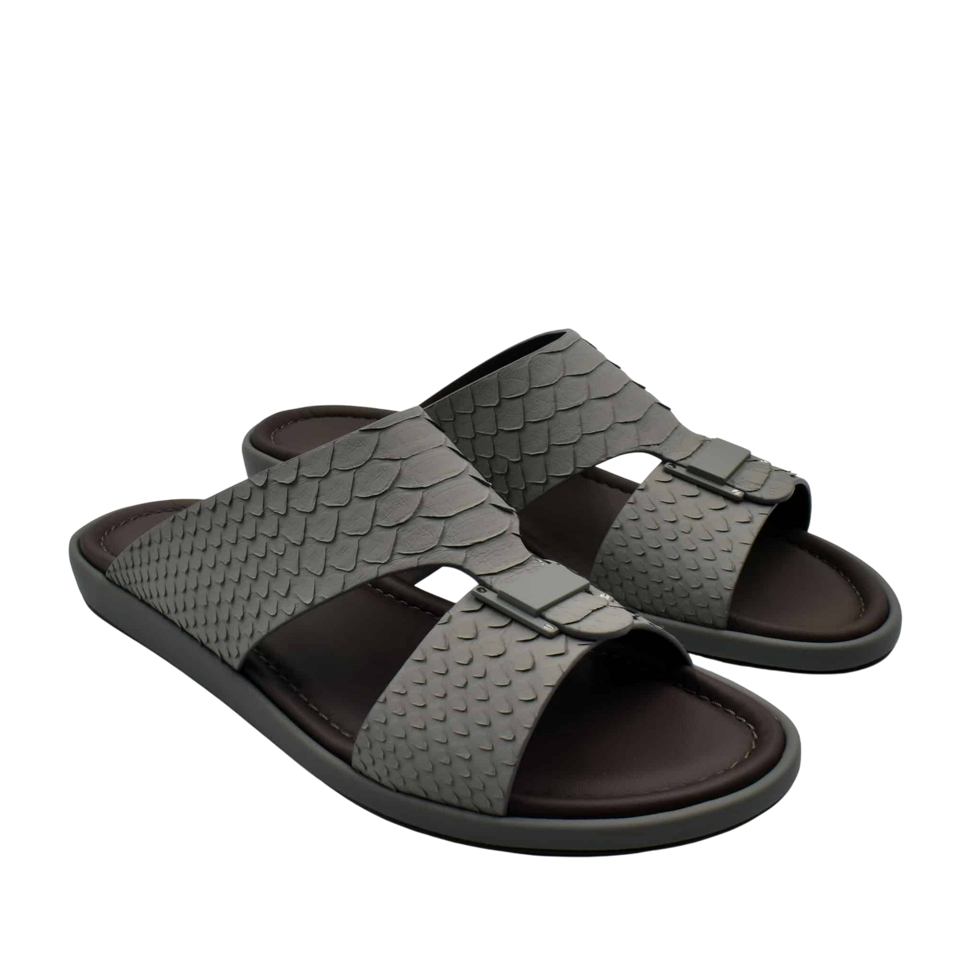 Gray python skin footwear slide sandals with textured straps and cushioned soles for comfort