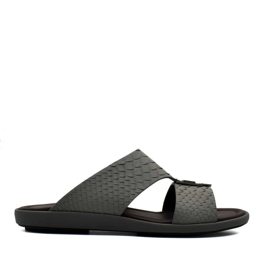 Black slide sandal with textured python skin footwear upper and cushioned sole from private collection