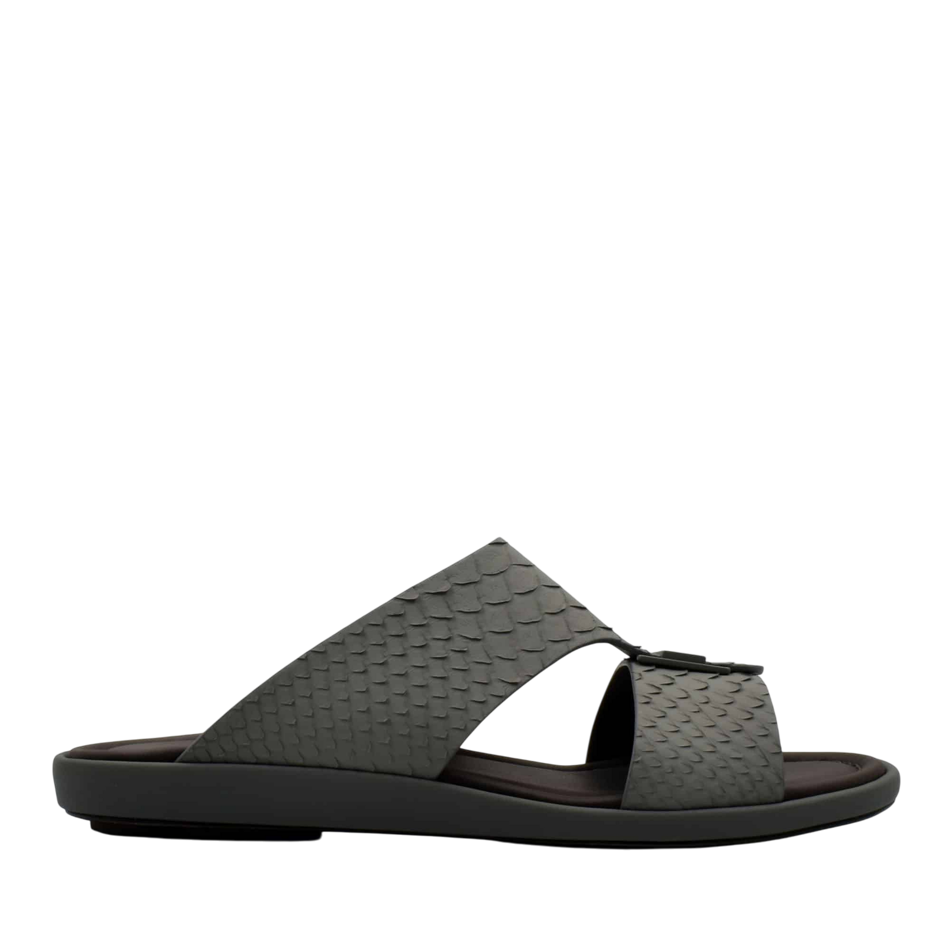 Black slide sandal with textured python skin footwear upper and cushioned sole from private collection