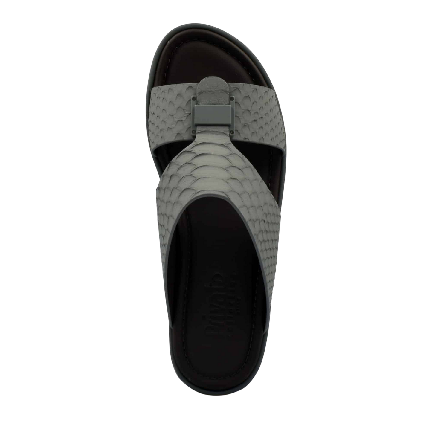 Top view of gray python skin footwear sandal with textured strap and cushioned sole