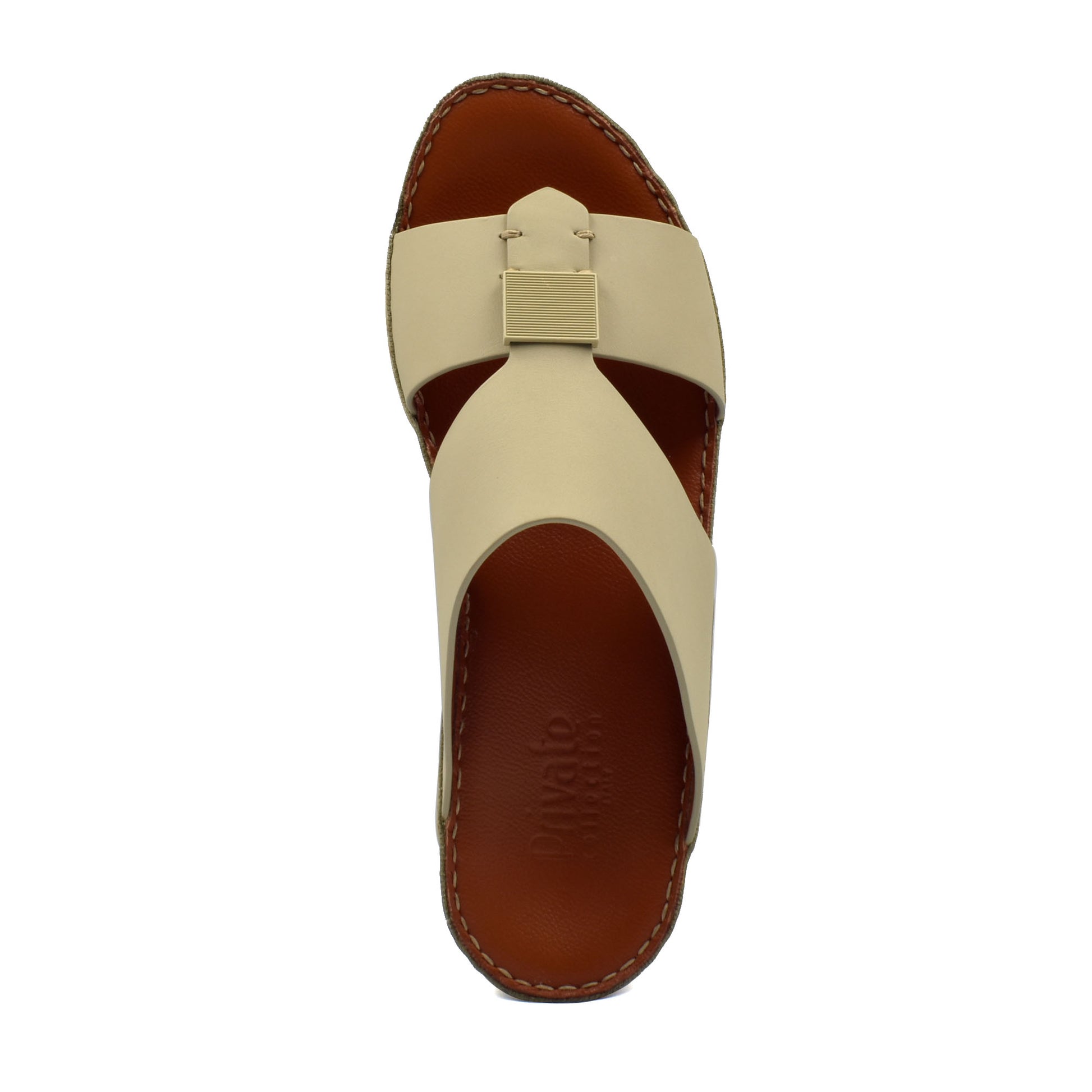 Top view of beige Quadratura Gomato sandals with brown insole and stitched edges