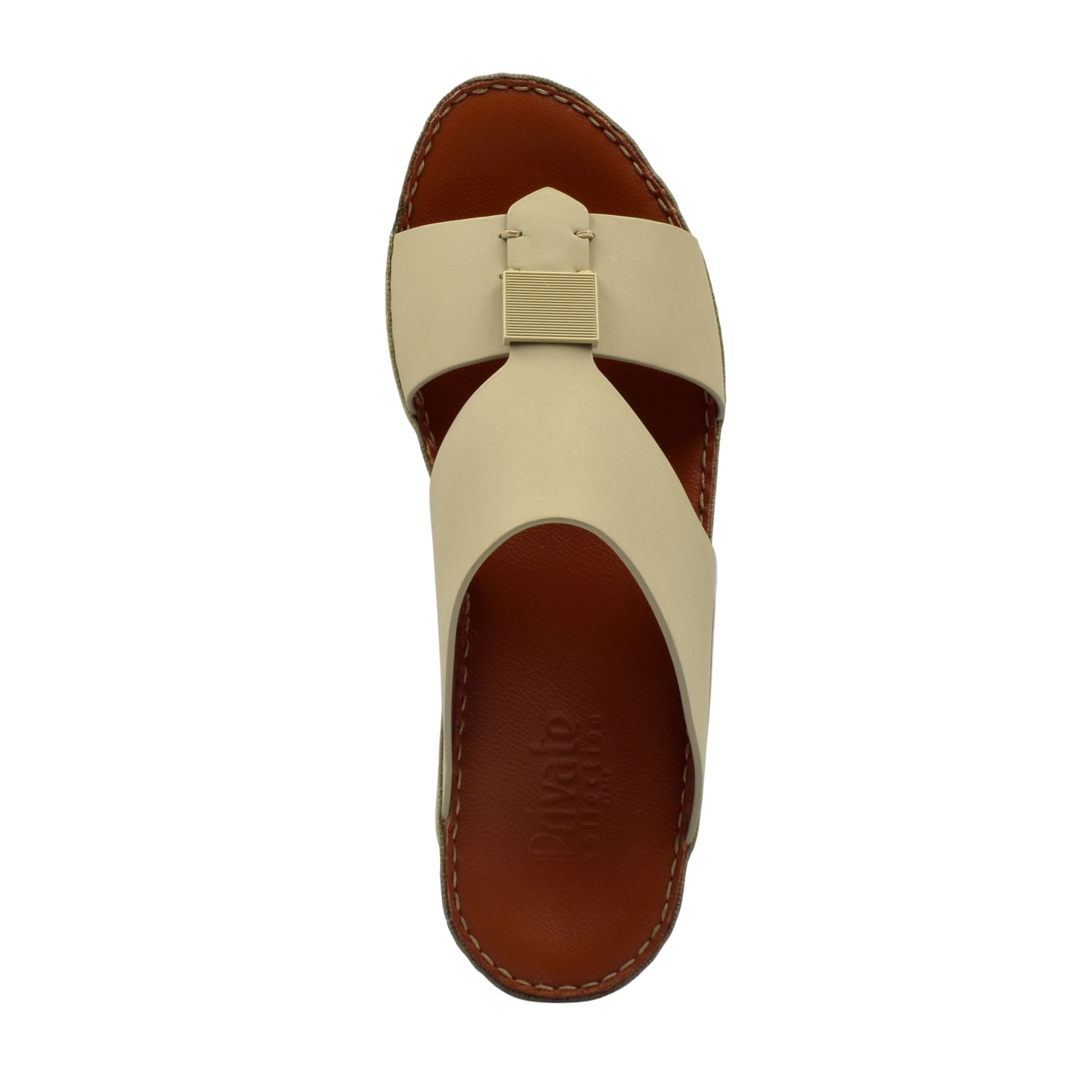 Top view of beige Quadratura Gomato sandals with brown insole and stitched edges