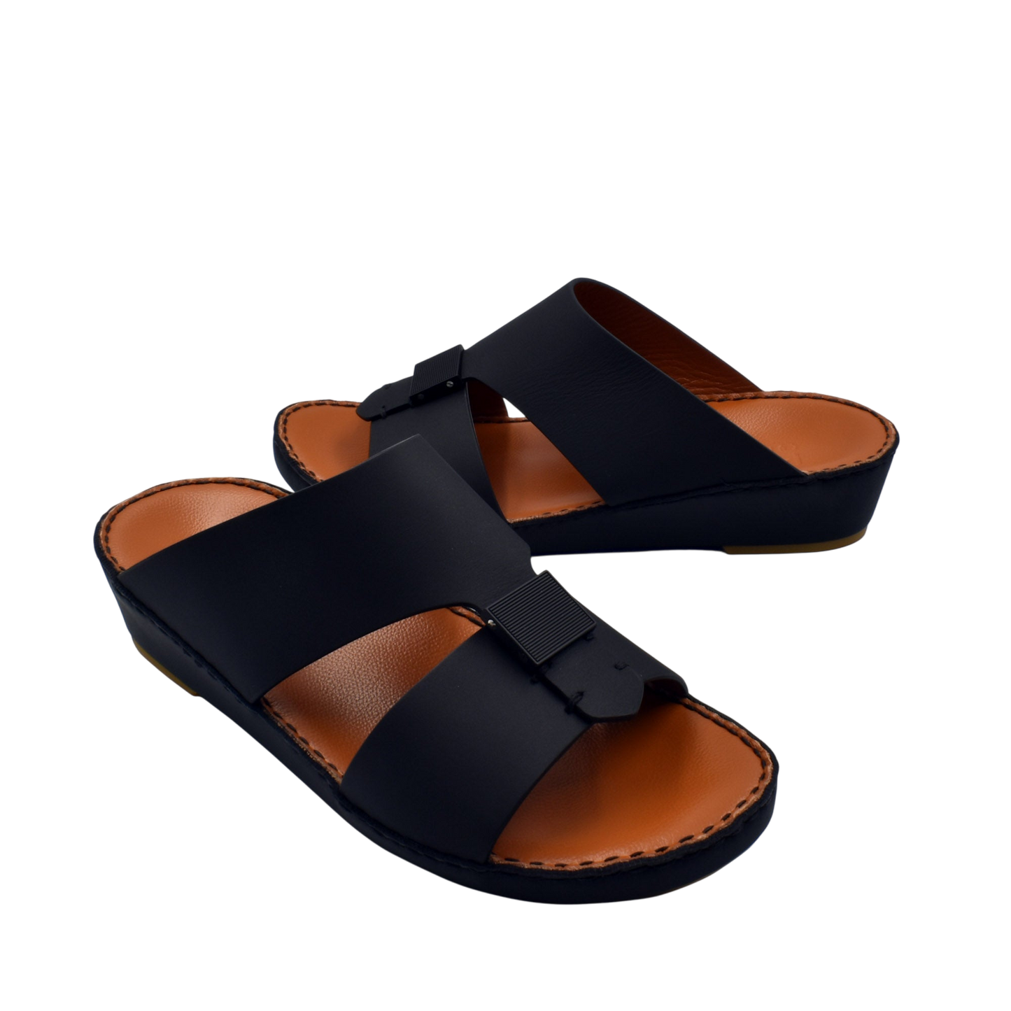 Black leather Quadratura Gomato sandals with wide straps and cushioned brown footbed