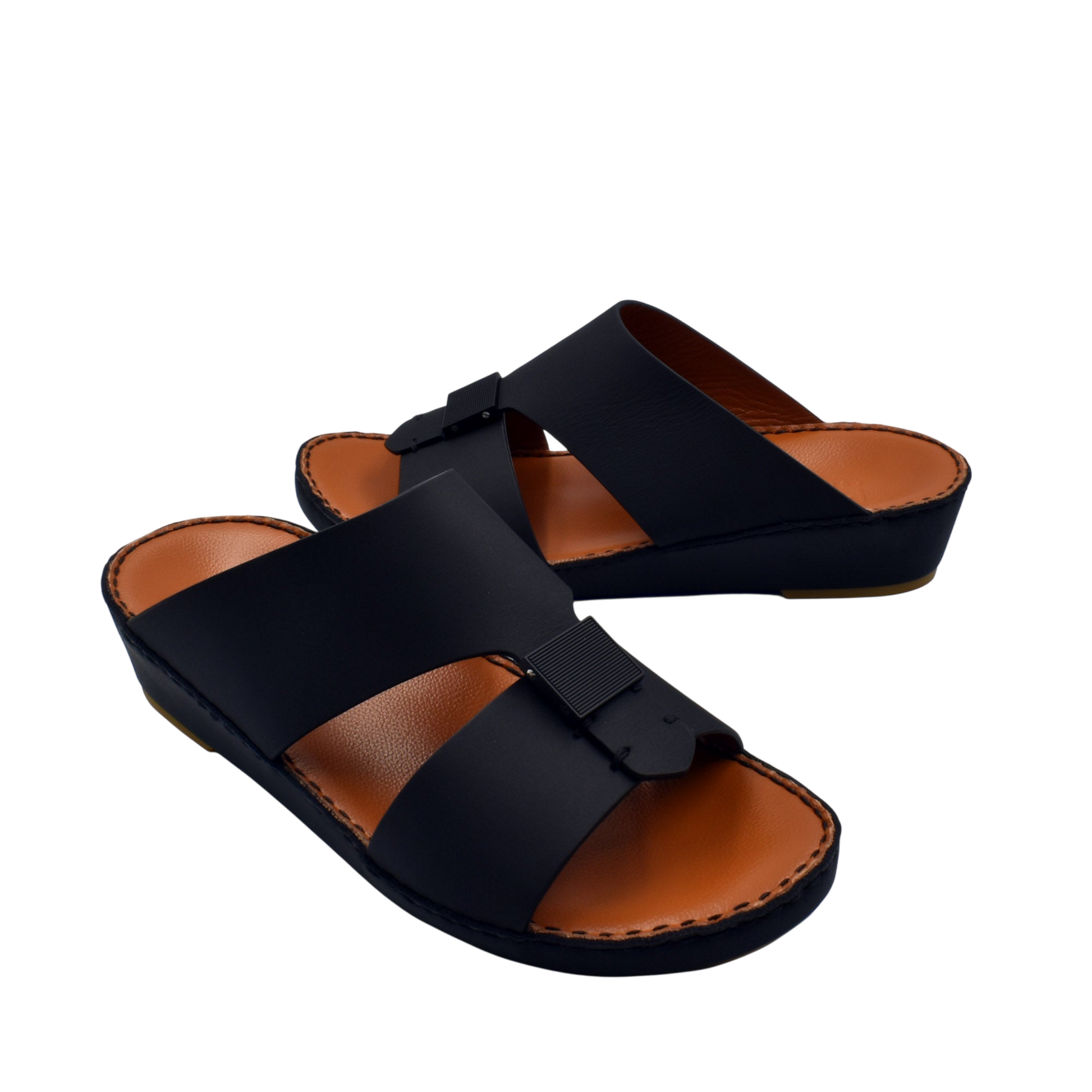 Black leather Quadratura Gomato sandals with wide straps and cushioned brown footbed