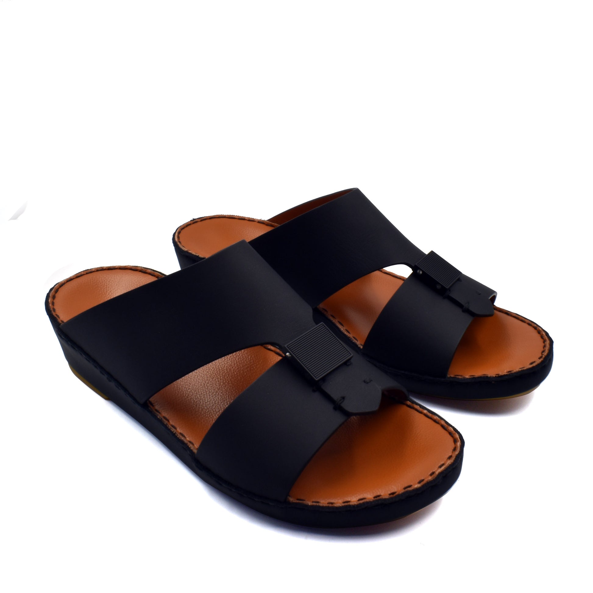 Black Quadratura Gomato sandals with wide straps and brown cushioned footbed for comfortable wear