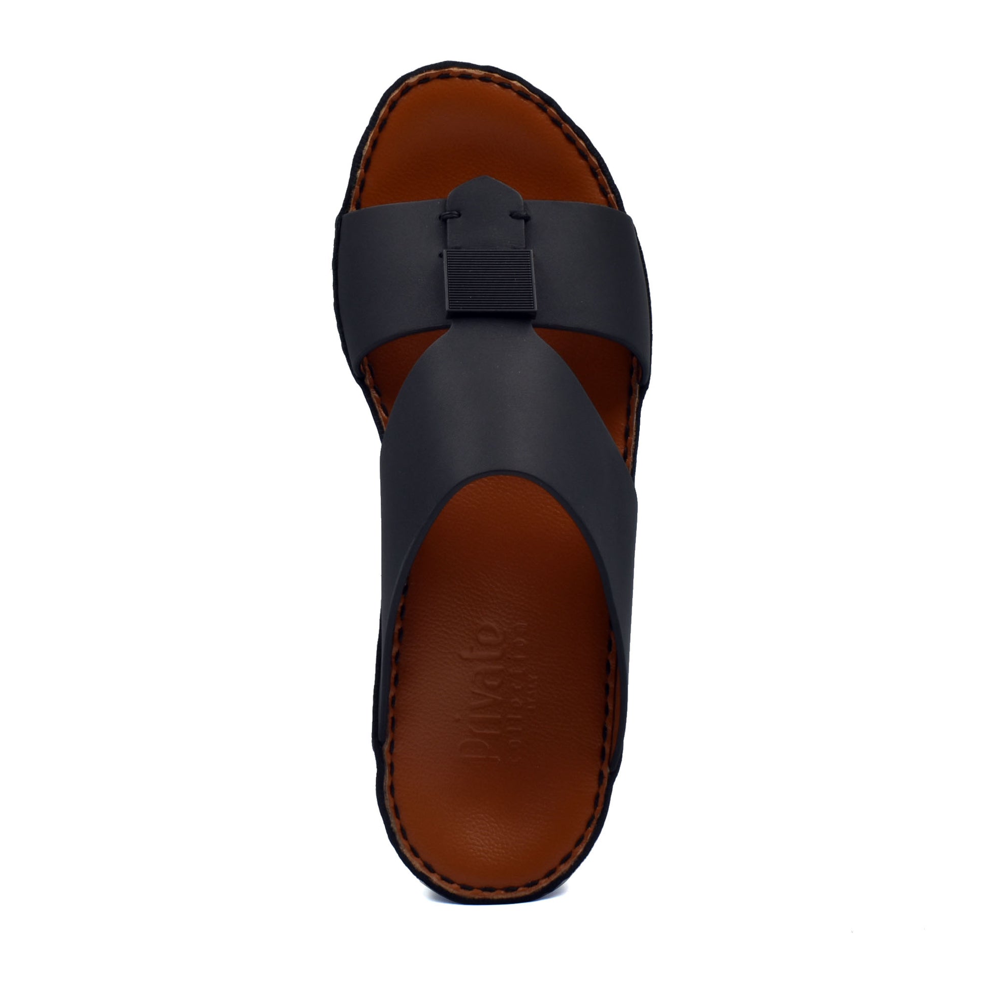 Top view of black Quadratura Gomato sandals with brown insole and wide straps from Private Collection
