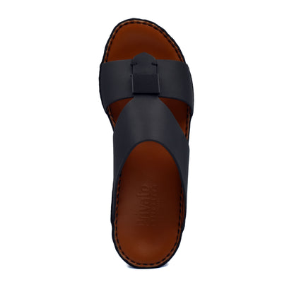 Top view of black Quadratura Gomato sandals with brown insole and wide straps from Private Collection