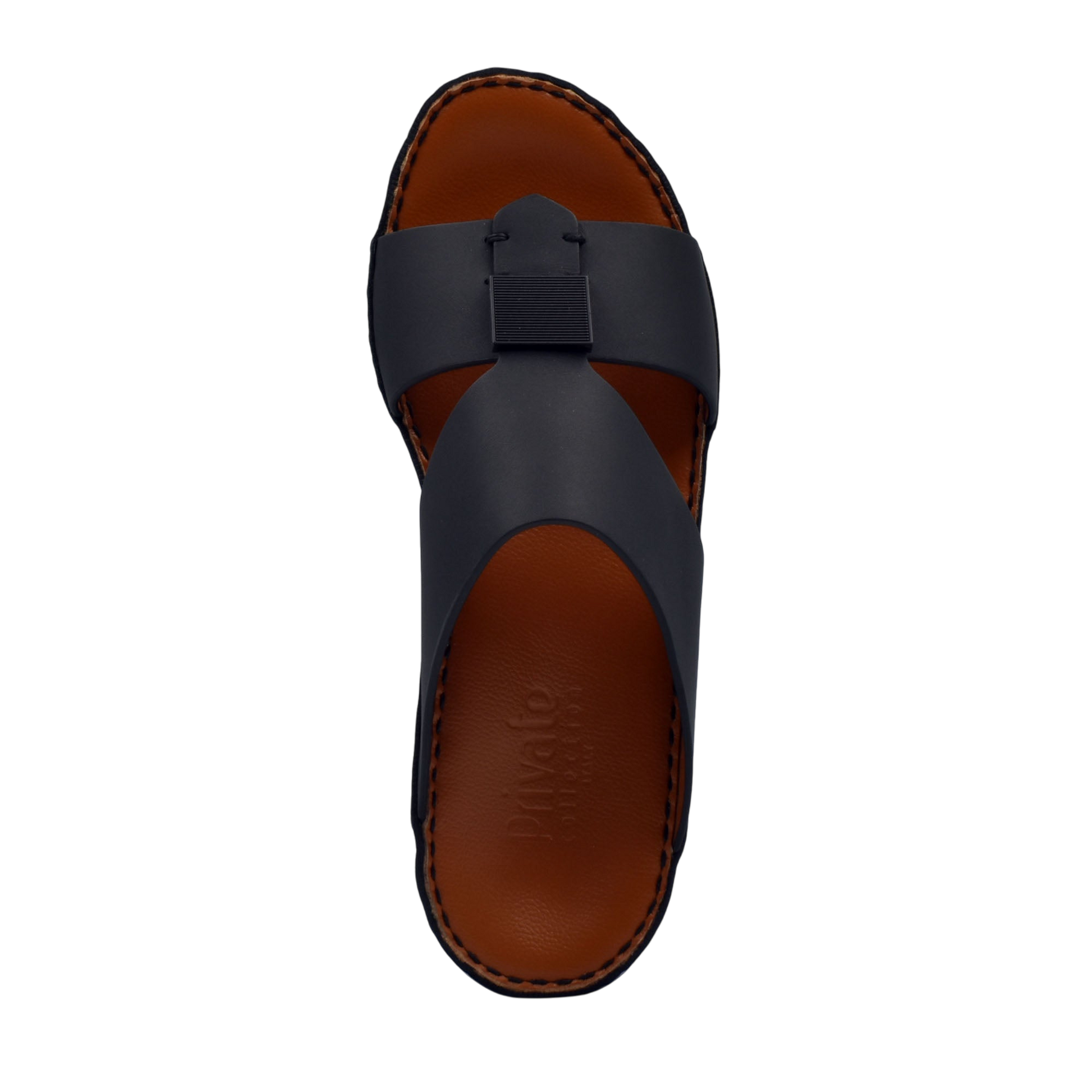 Top view of black Quadratura Gomato sandals with brown insole and wide straps from Private Collection