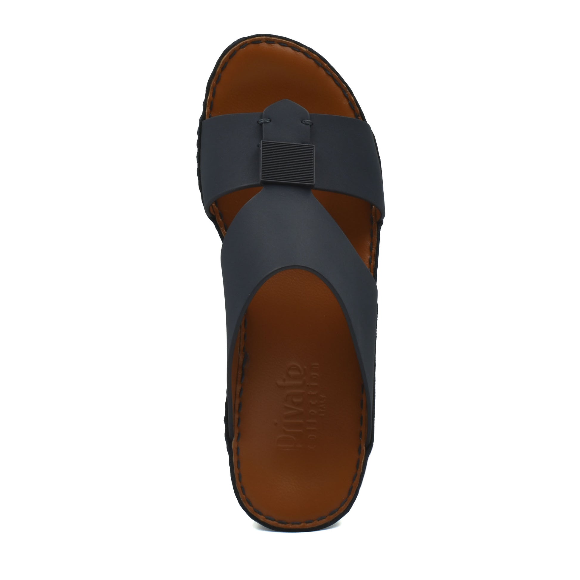 Top view of black Quadratura Gomato sandals with brown footbed and stitched edges from Private Collection