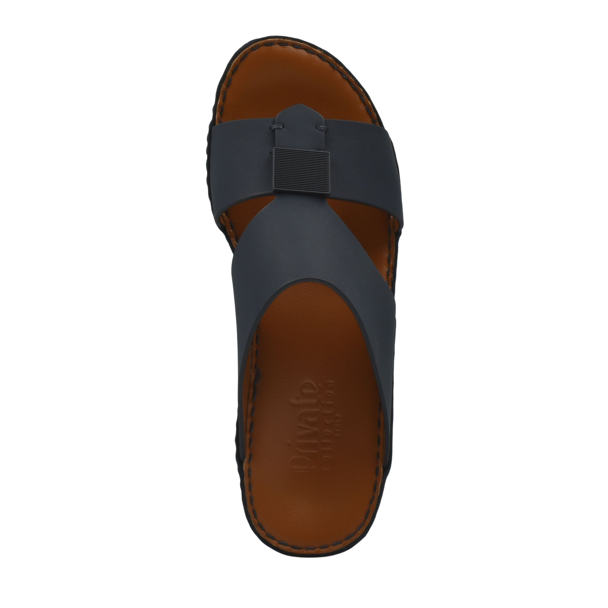 Top view of black Quadratura Gomato sandals with brown footbed and stitched edges from Private Collection