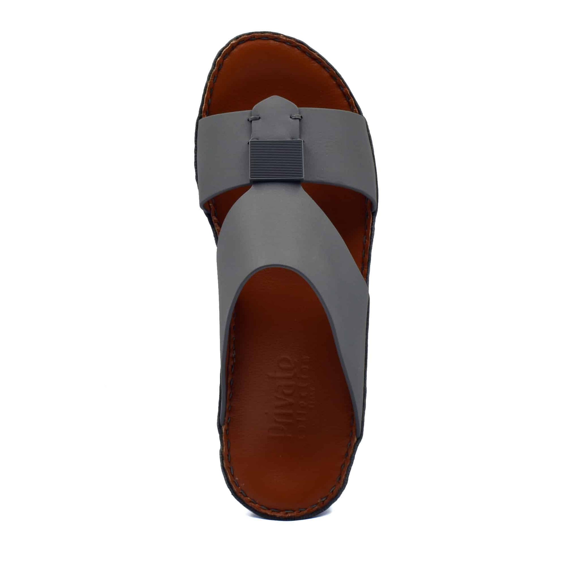 Top view of gray Quadratura Gomato sandals with brown footbed and black stitched sole