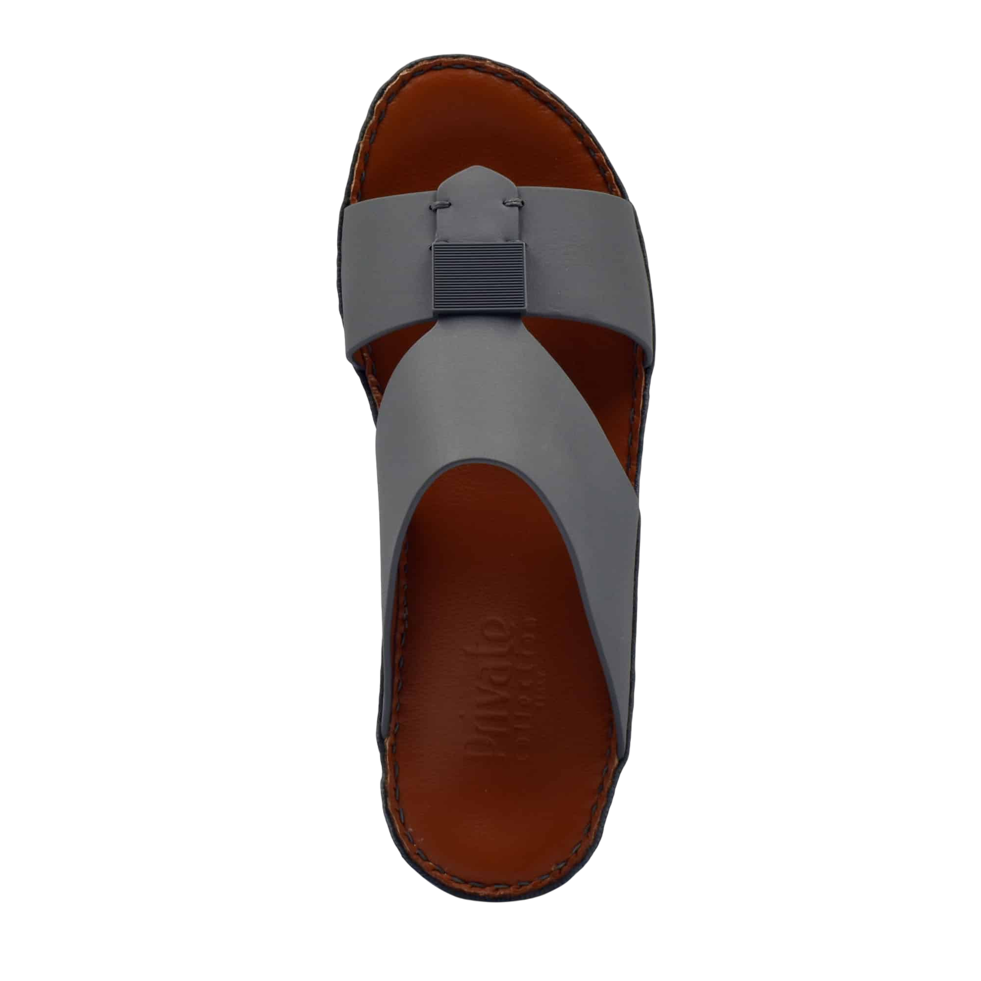 Top view of gray Quadratura Gomato sandals with brown footbed and black stitched sole