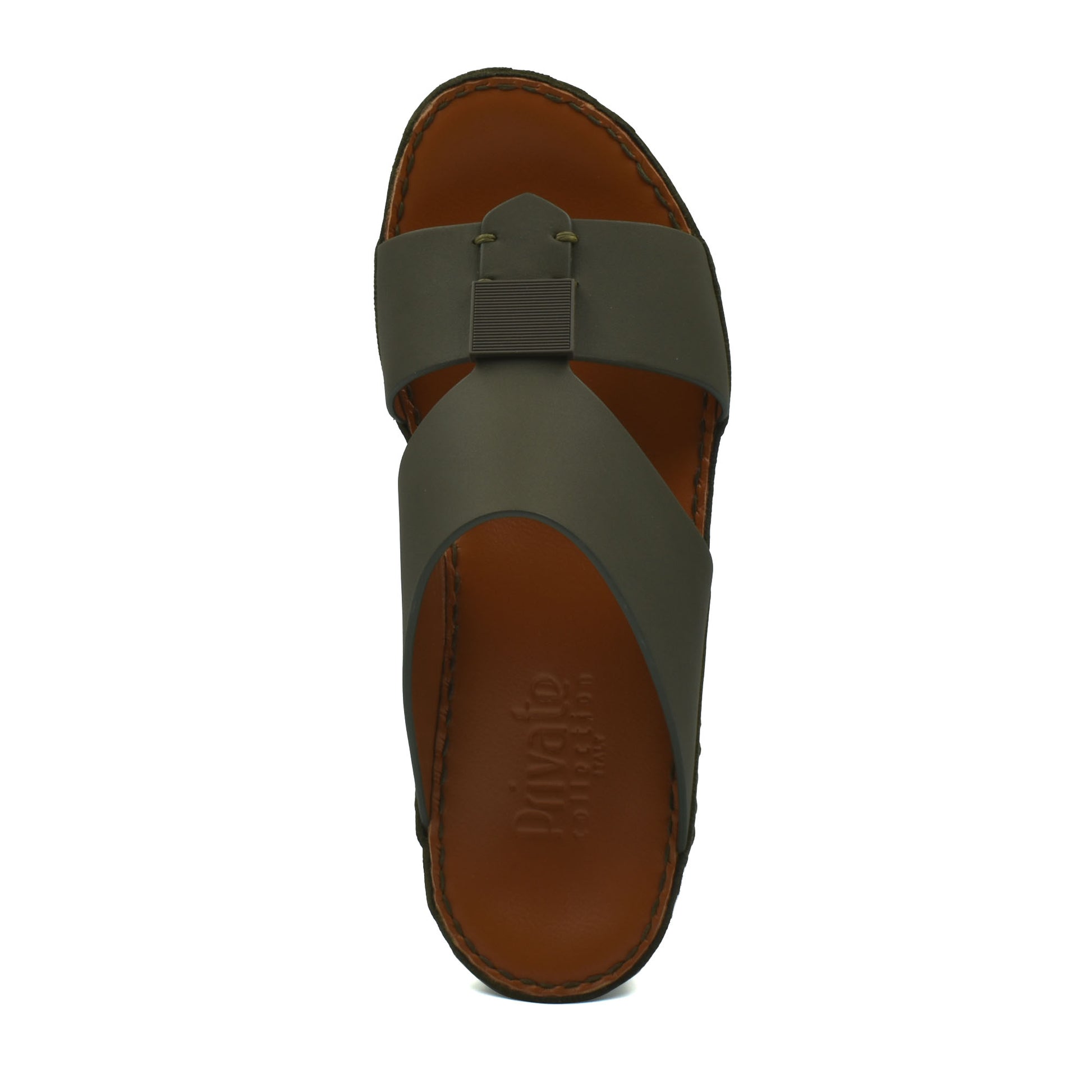 Top view of green Quadratura Gomato sandals with brown footbed and crisscross straps