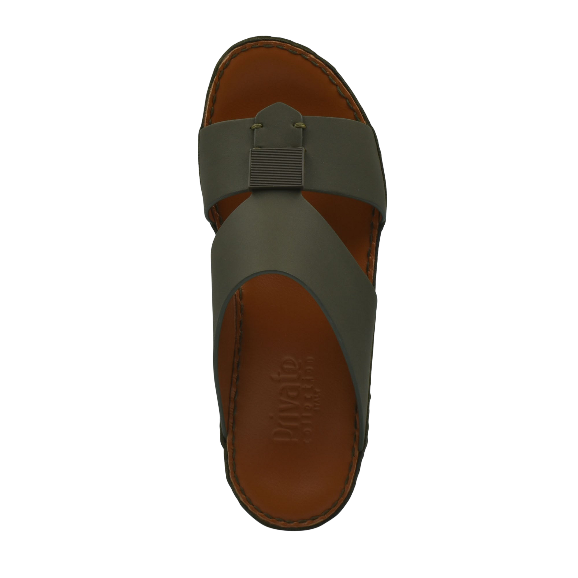 Top view of green Quadratura Gomato sandals with brown footbed and crisscross straps