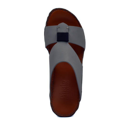 Top view of gray Quadratura Gomato slides with brown footbed and black decorative buckle