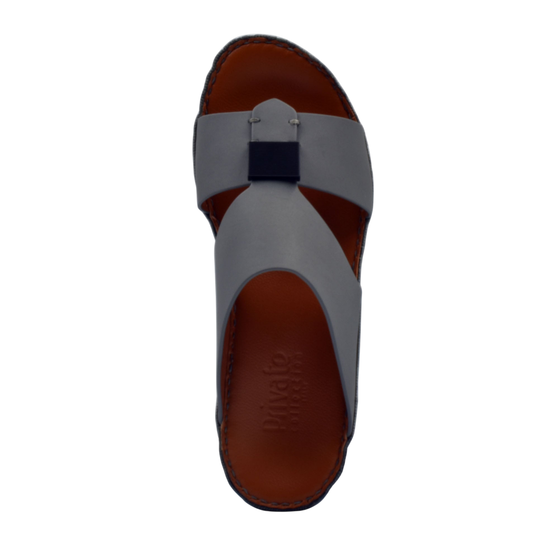 Top view of gray Quadratura Gomato slides with brown footbed and black decorative buckle