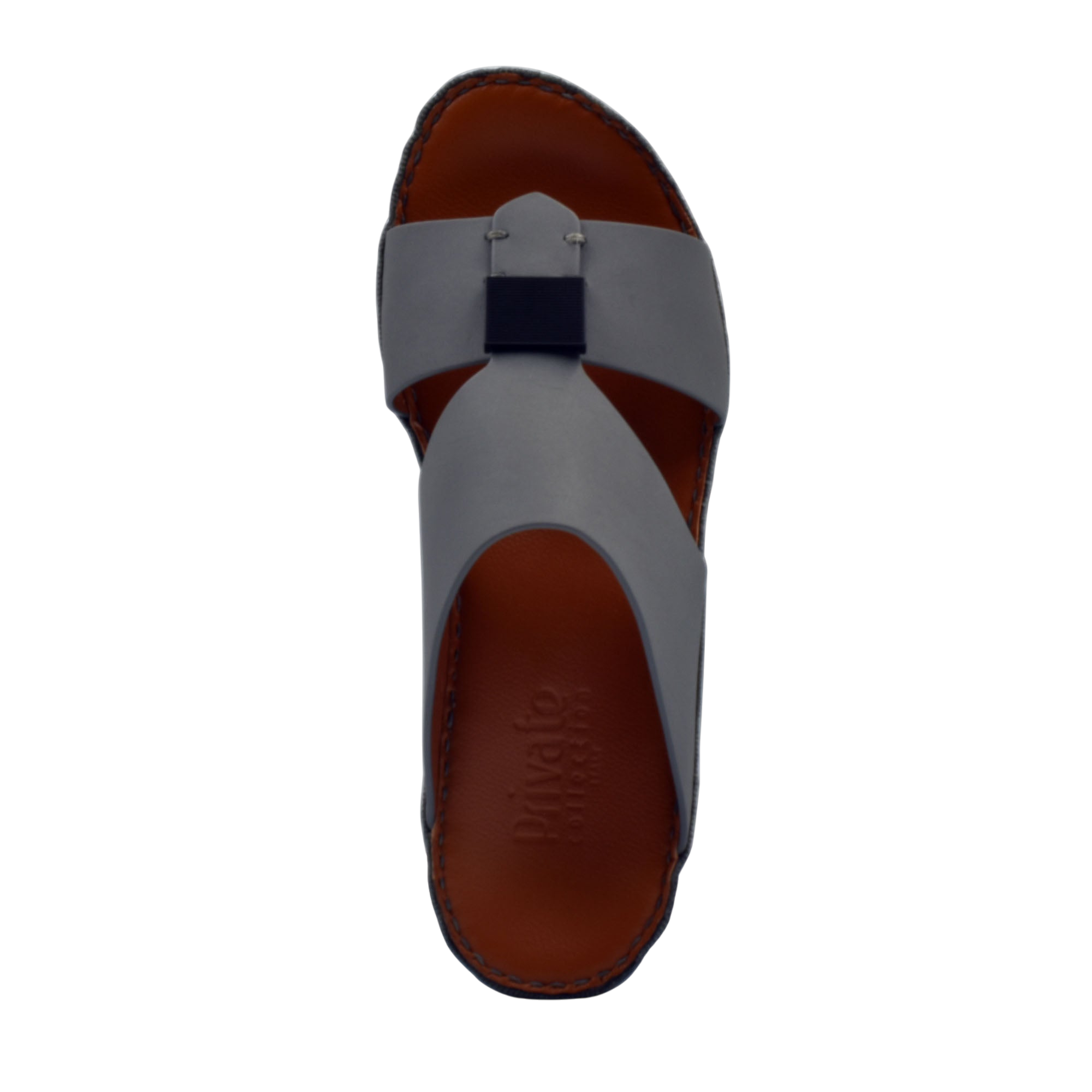 Top view of gray Quadratura Gomato slides with brown footbed and black decorative buckle