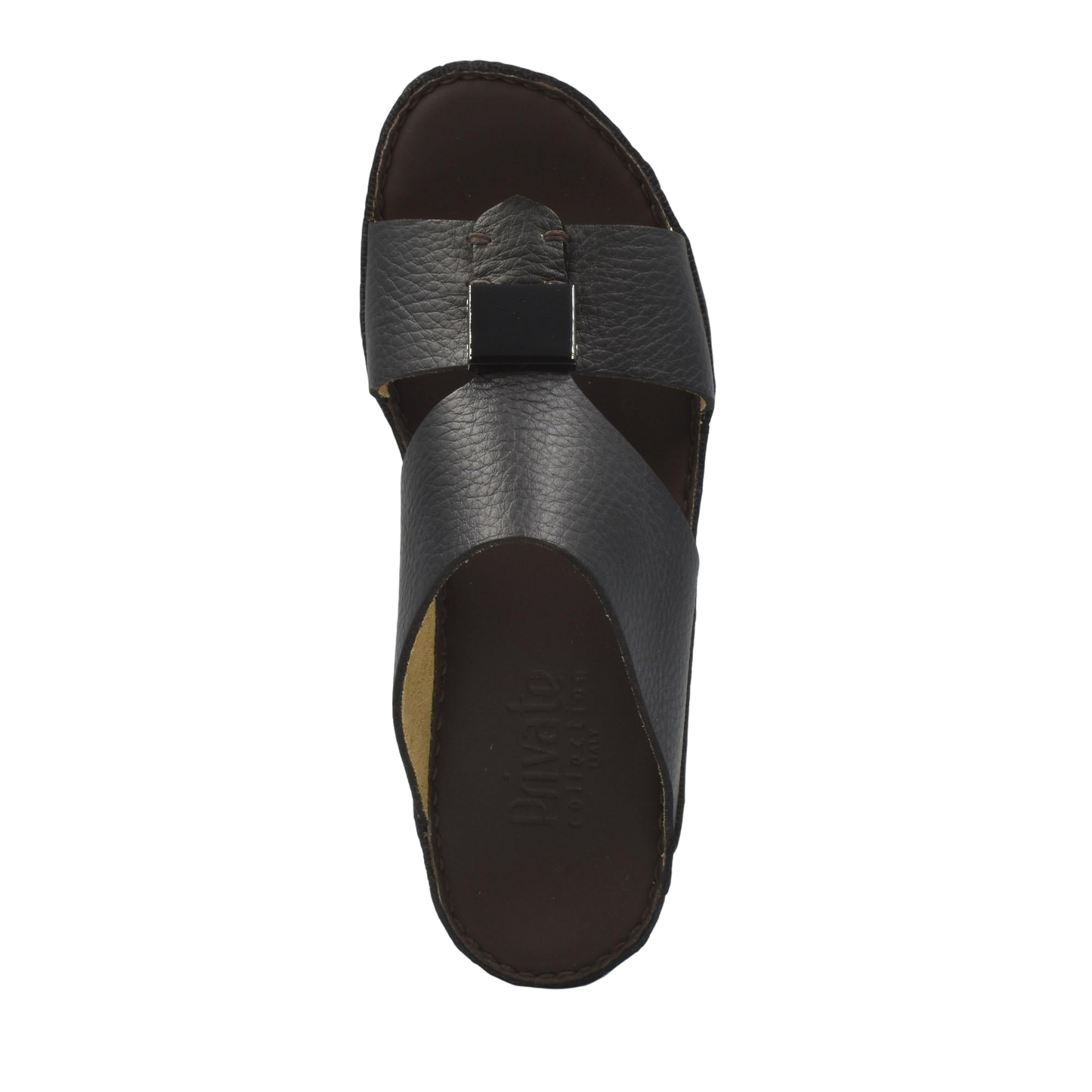 Top view of black Quadratura Isola Lustre sandals with leather straps and cushioned footbed