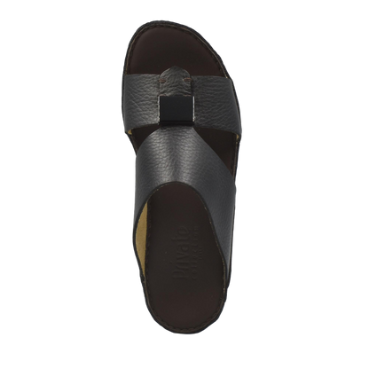 Top view of black Quadratura Isola Lustre sandals with leather straps and cushioned footbed
