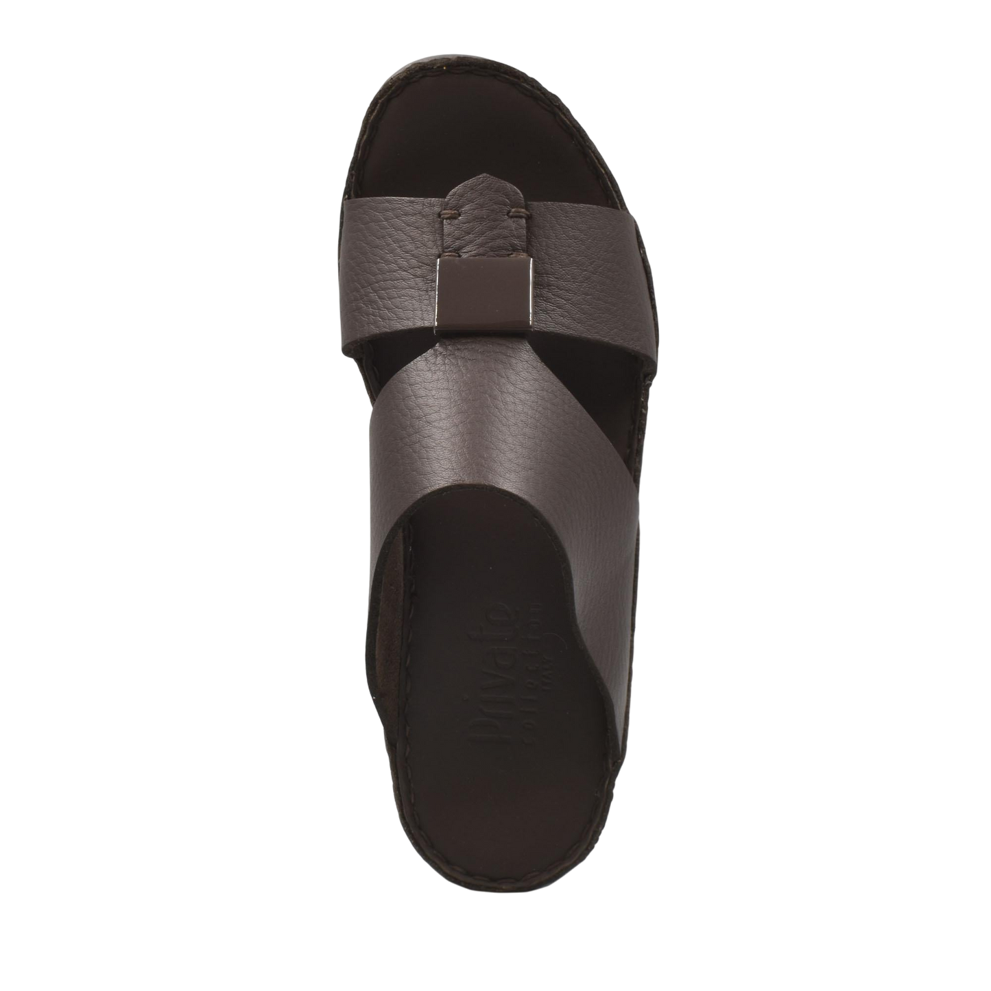 Top view of brown Quadratura Isola Lustre sandals with crisscross leather straps and metal buckle