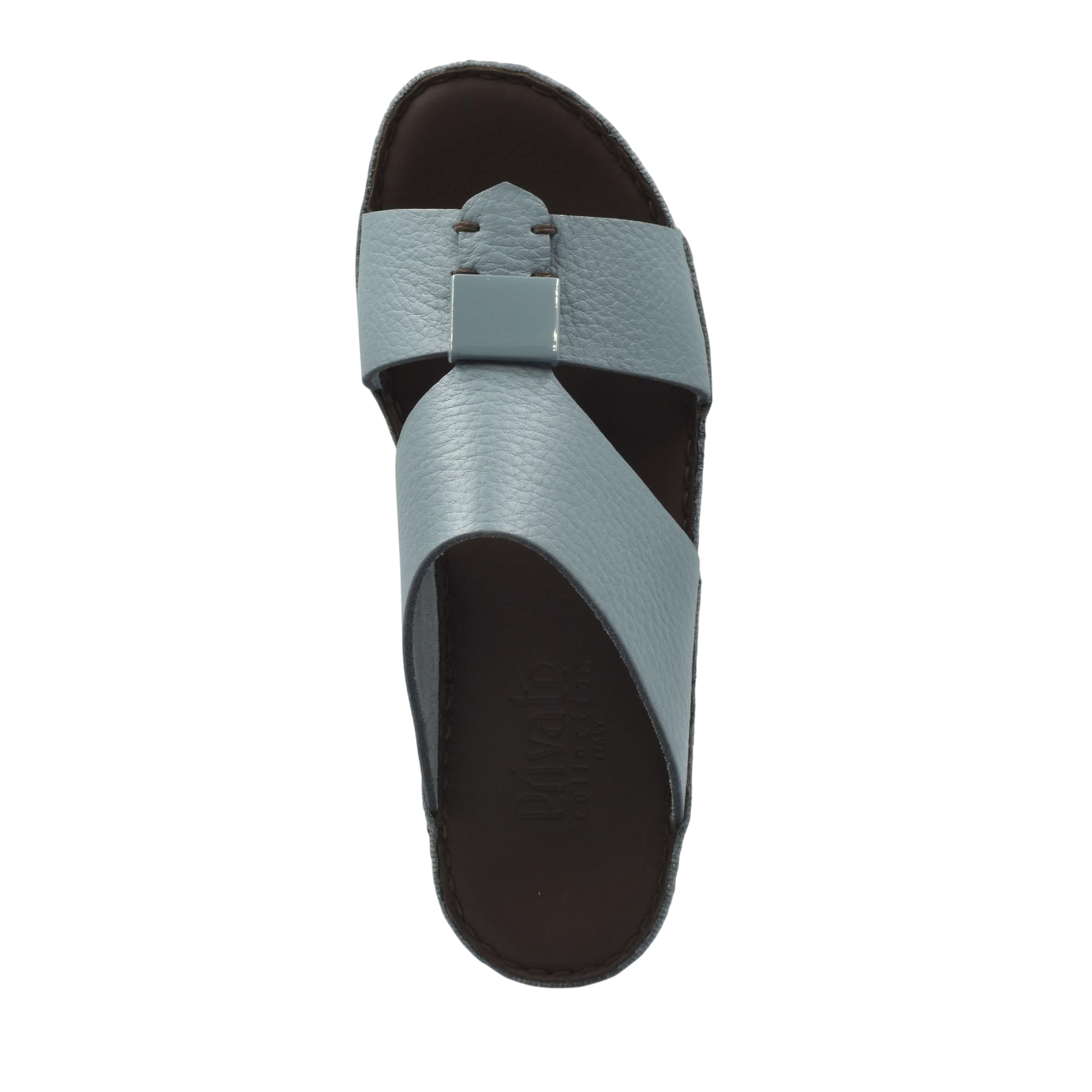 Top view of private collection light blue Quadratura Isola Lustre sandals with leather straps