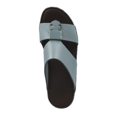 Top view of private collection light blue Quadratura Isola Lustre sandals with leather straps