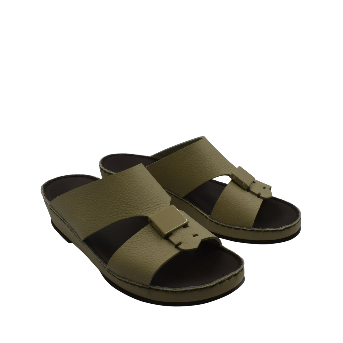 Pair of olive green Quadratura Isola Lustre sandals with wide straps and buckle detail