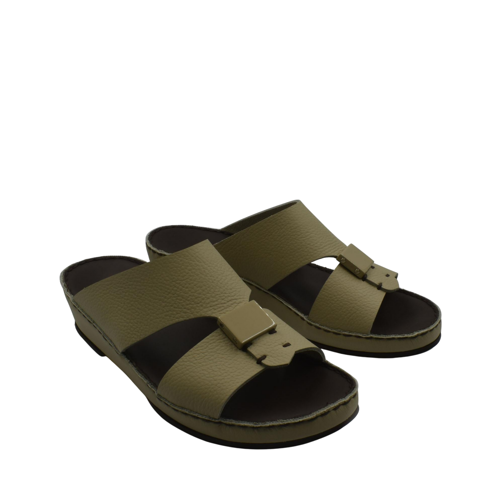 Pair of olive green Quadratura Isola Lustre sandals with wide straps and buckle detail