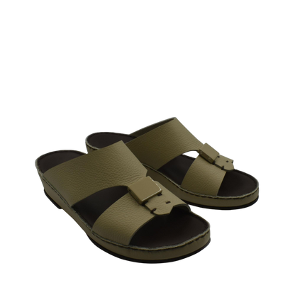Pair of olive green Quadratura Isola Lustre sandals with wide straps and buckle detail