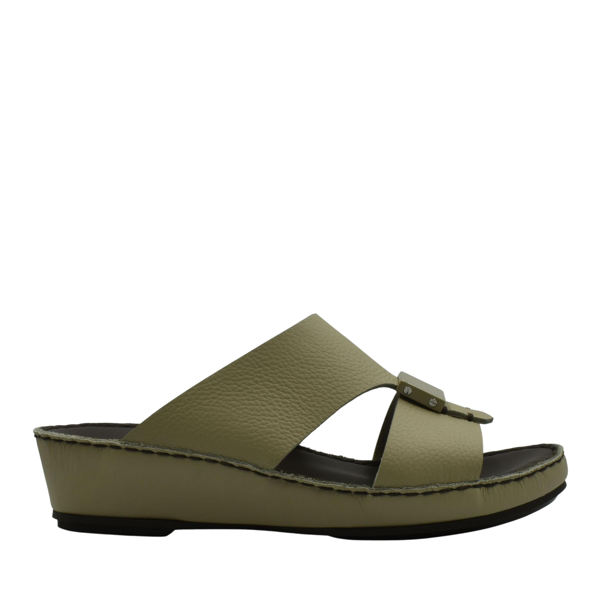 Side view of olive green Quadratura Isola Lustre sandals with a wedge sole and buckle detail