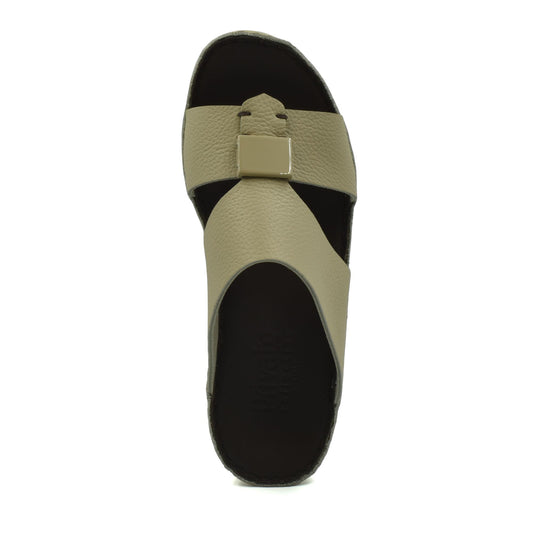 Top view of beige Quadratura Isola Lustre sandals with square buckle and black sole
