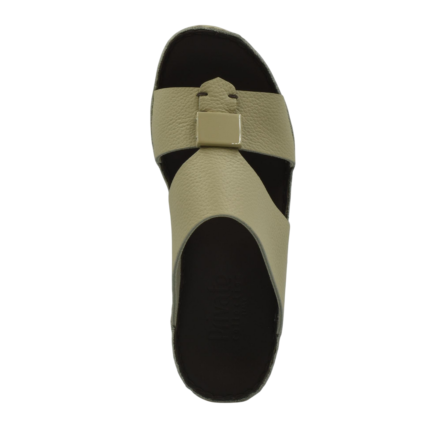 Top view of beige Quadratura Isola Lustre sandals with square buckle and black sole