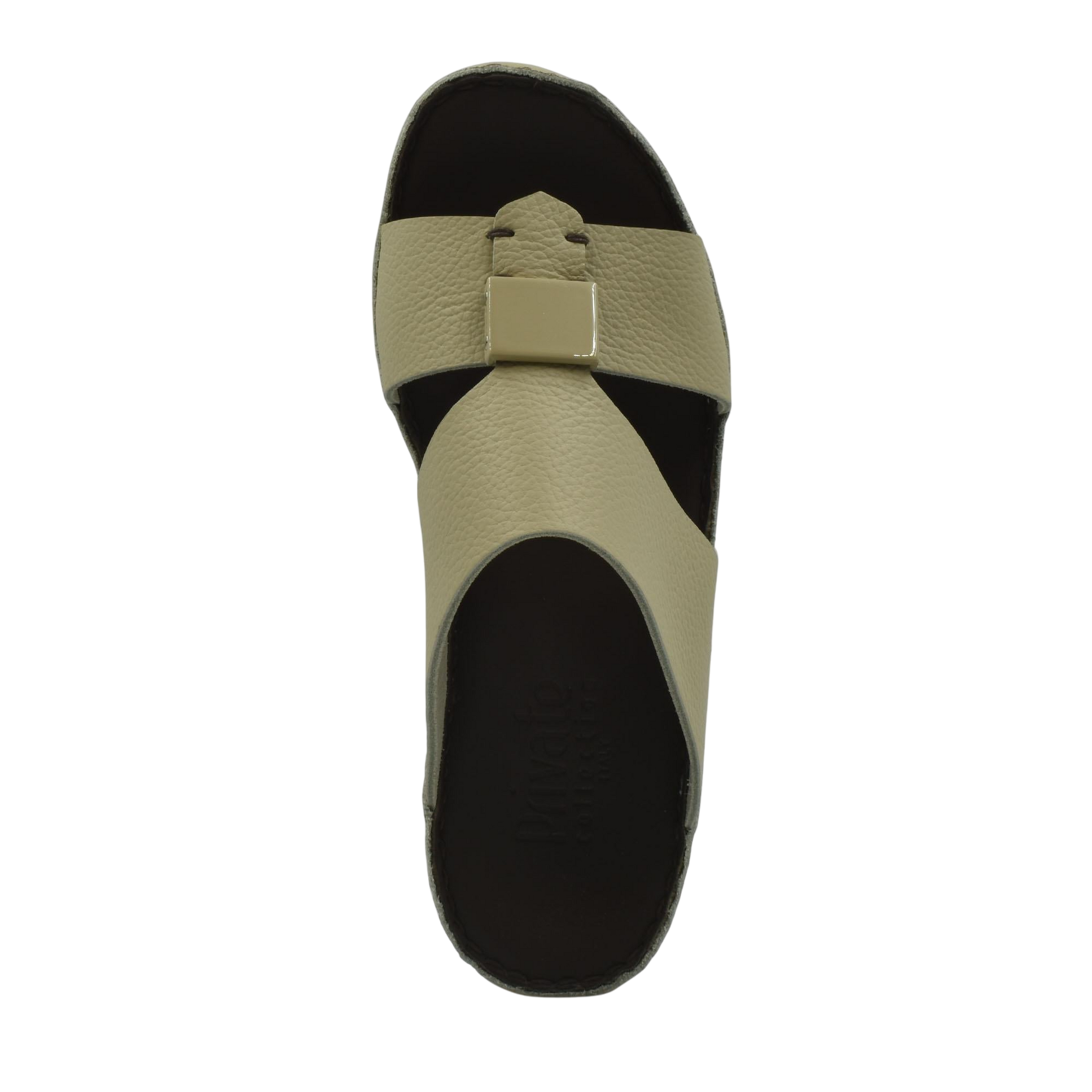 Top view of beige Quadratura Isola Lustre sandals with square buckle and black sole