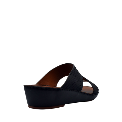 Black rubber python shoes slide sandal with low wedge heel and open toe design