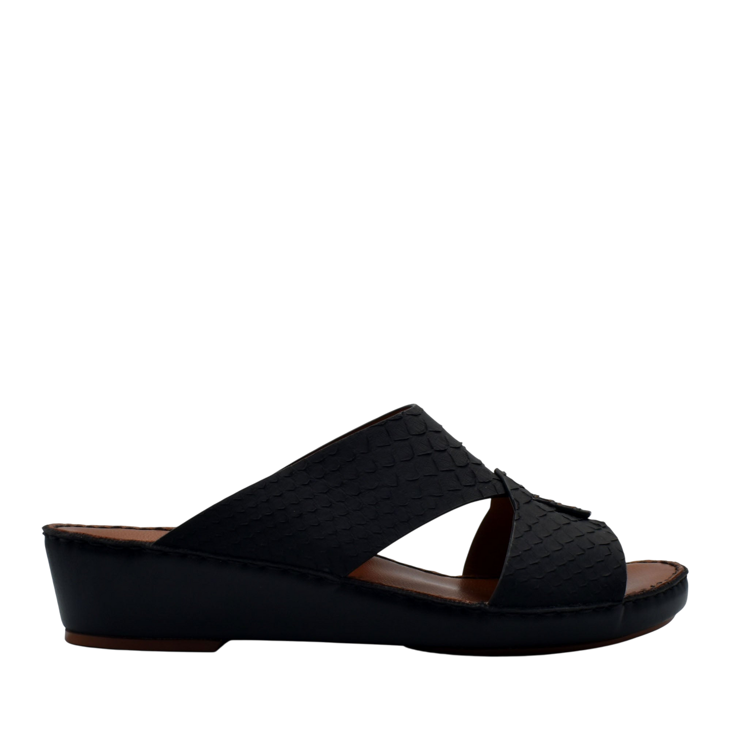 Black slip-on rubber python shoes with low wedge heel and textured upper design